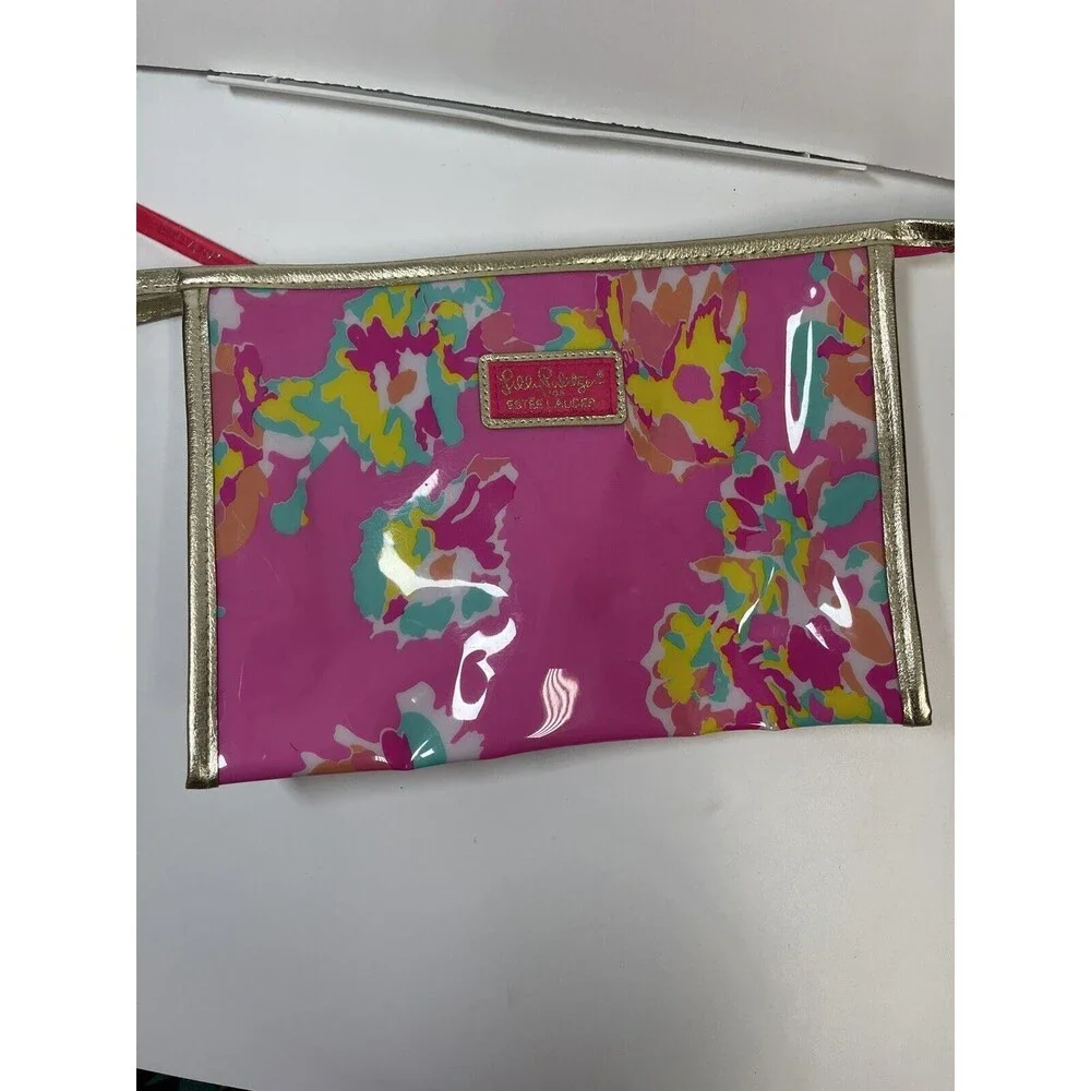 Lilly Pulitzer Bundle Lot Of 2 Vinyl Estee Lauder Zip Bags & Notebook